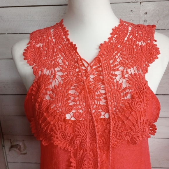 Jella C Coral Lace Sleeveless Top Small Boho Keyhole Back V-Neck Coastal Beachy - Picture 2 of 12